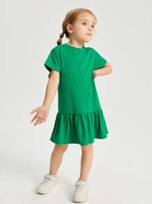 SHEIN Niñitas Vestido unicolor bajo con fruncido - Verde - Ver 1