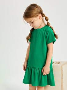 SHEIN Niñitas Vestido unicolor bajo con fruncido - Verde - Ver 3