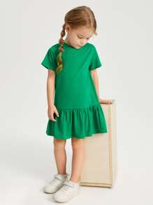 SHEIN Niñitas Vestido unicolor bajo con fruncido - Verde - Ver 4