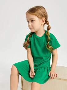 SHEIN Niñitas Vestido unicolor bajo con fruncido - Verde - Ver 6