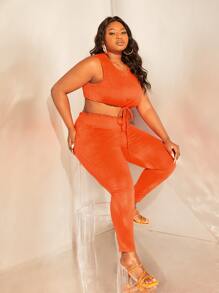 SHEIN SXY Plus Drawstring Hem Crop Tank Top & Leggings - Orange - View 1