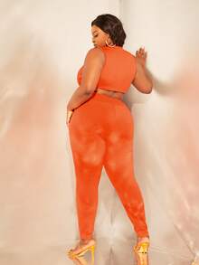 SHEIN SXY Plus Drawstring Hem Crop Tank Top & Leggings - Orange - View 2