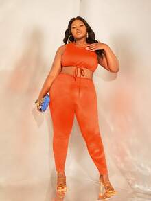 SHEIN SXY Plus Drawstring Hem Crop Tank Top & Leggings - Orange - View 3
