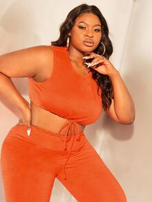 SHEIN SXY Plus Drawstring Hem Crop Tank Top & Leggings - Orange - View 4