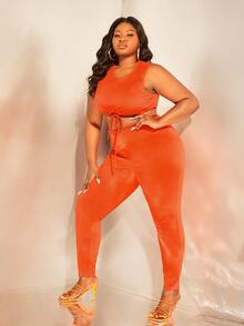SHEIN SXY Plus Drawstring Hem Crop Tank Top & Leggings - Orange - View 5