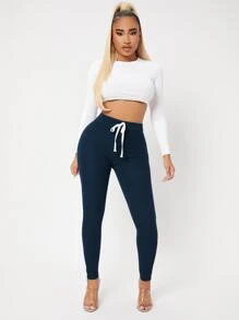 SHEIN SXY Solid Knot Front Skinny Sweatpants - Navy Blue - View 4