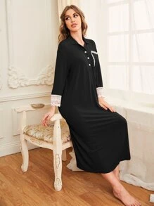 SHEIN Guipure Lace Trim Night Dress, Moo Moo, Fall, Winter - Black - View 3