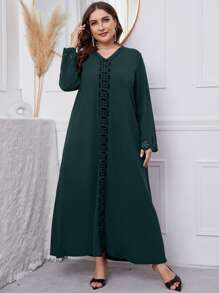 Al Najma Vestido túnico con patrón geométrico cortado láser ribete en abanico - Verde Oscuro - Ver 1