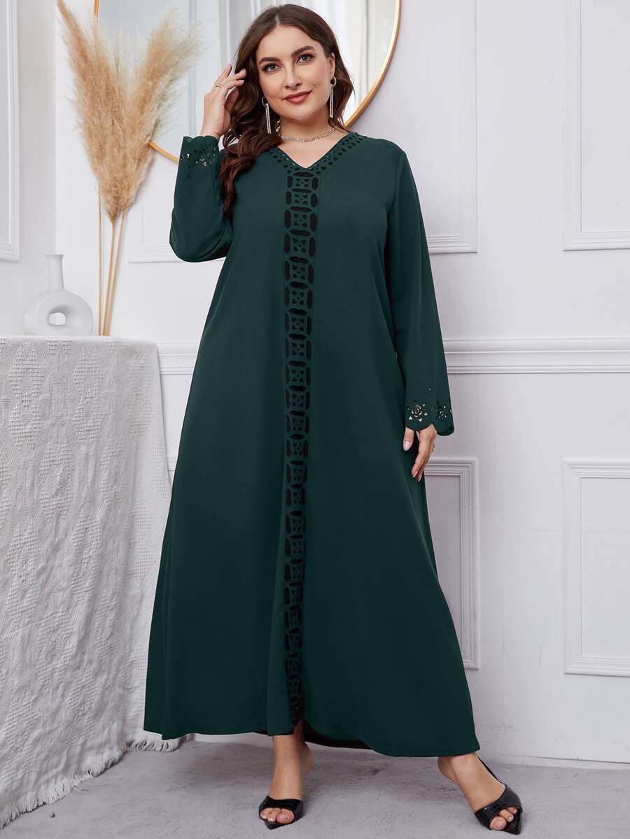 Al Najma Vestido túnico con patrón geométrico cortado láser ribete en abanico - Verde Oscuro - Ver 1