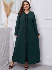 Al Najma Vestido túnico con patrón geométrico cortado láser ribete en abanico - Verde Oscuro - Ver 3