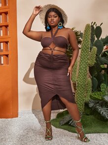 Slaydiva Plus Cut Out Tie Back Halter Neck Asymmetrical Hem Bodycon Dress - Chocolate Brown - View 4