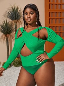 Slaydiva 大碼十字交叉鏤空紋理質感連身背心不帶內褲 - 綠色 - 查看 7