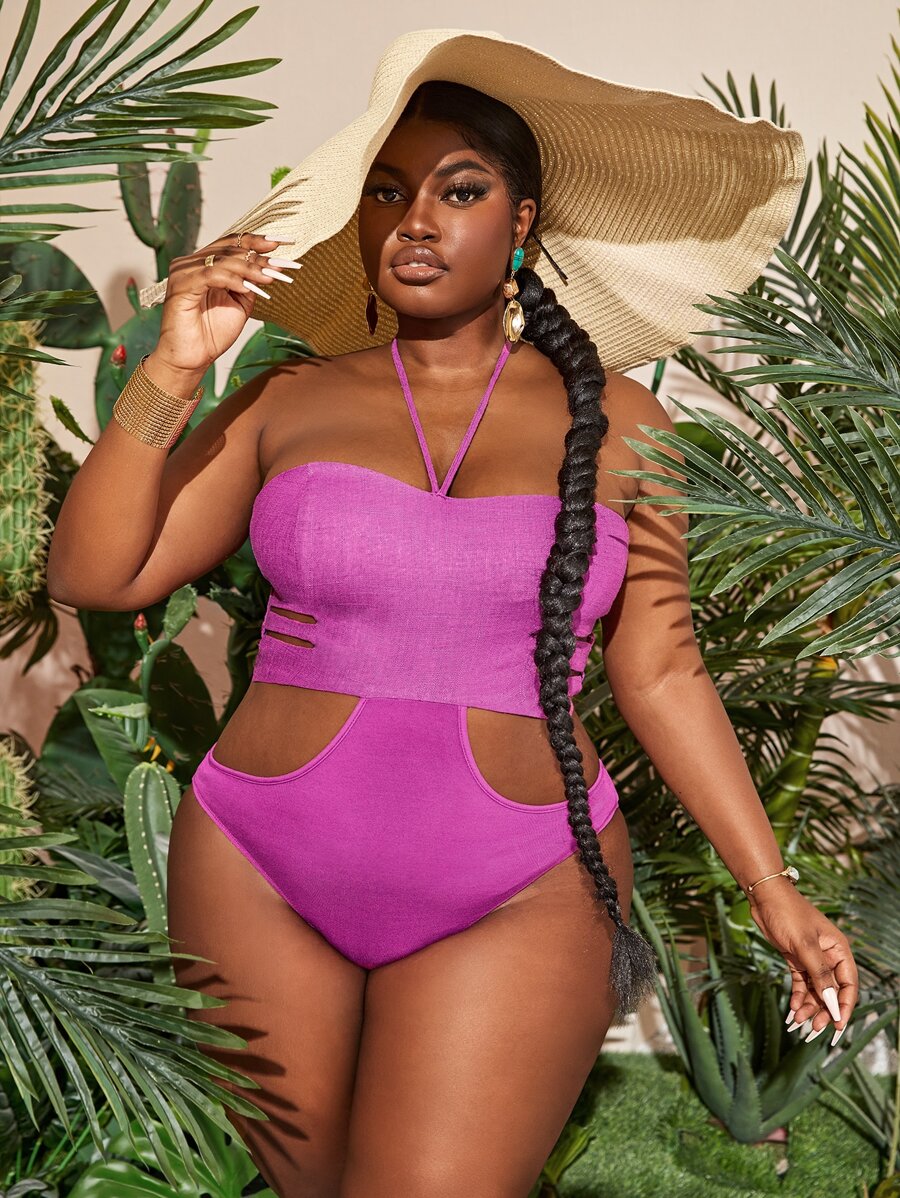 Slaydiva 大碼鏤空後背打褶繞頸連身背心 - 玫紅色 - 查看 1