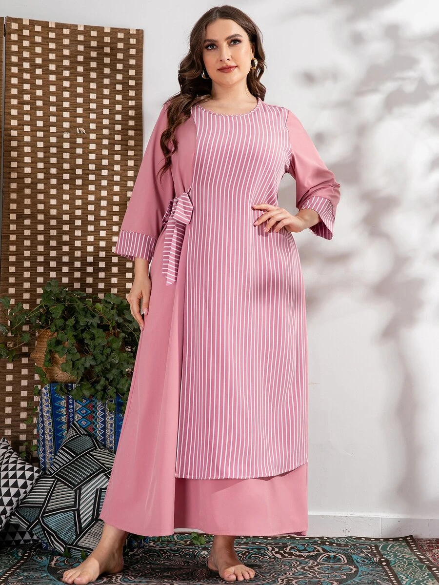 Plus Striped Knot Side Dress - Pink - View 1