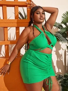 Slaydiva Plus O-ring Cut Out Crisscross Drawstring Front Halterneck Bodycon Dress - Green - View 1