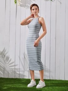 Mulvari 羅紋針織條紋包臀洋裝 - 灰色 - 查看 5