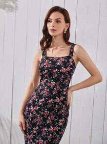 Modelyn 印花下擺開叉吊帶連衣裙 - 黑色 - 查看 3