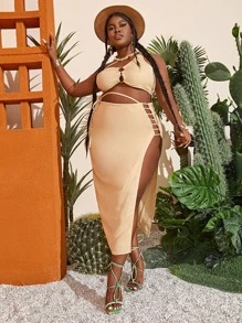 Slaydiva 大碼金屬圓環鏤空側繫帶單肩上衣和開衩半身裙 - 米色 - 查看 2