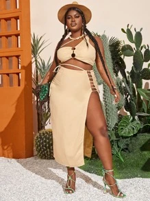 Slaydiva 大碼金屬圓環鏤空側繫帶單肩上衣和開衩半身裙 - 米色 - 查看 5