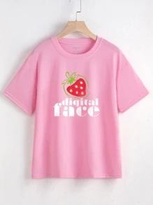 Áo thun nữ Lá thư Rau quả Giải trí - Hồng - Xem 1
