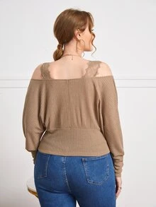 SHEIN 大碼蕾絲背帶挖肩T恤 - 卡其色 - 查看 2