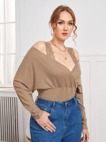 SHEIN 大碼蕾絲背帶挖肩T恤 - 卡其色 - 查看 3