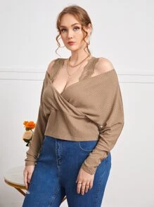 SHEIN 大碼蕾絲背帶挖肩T恤 - 卡其色 - 查看 4