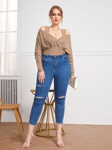 SHEIN 大碼蕾絲背帶挖肩T恤 - 卡其色 - 查看 5