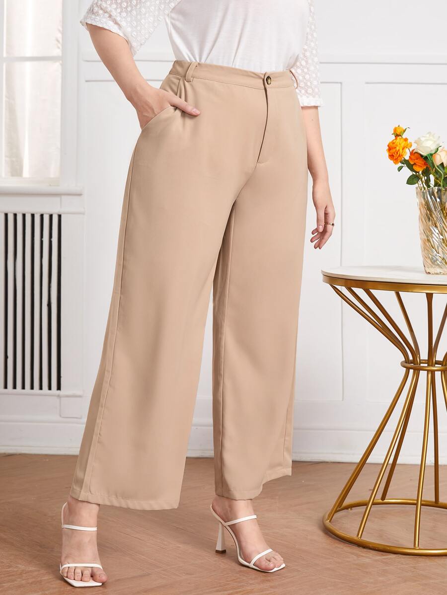 SHEIN Plus Solid Wide Leg Trousers - Apricot - View 1