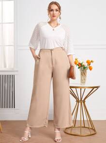 SHEIN Plus Solid Wide Leg Trousers - Apricot - View 5
