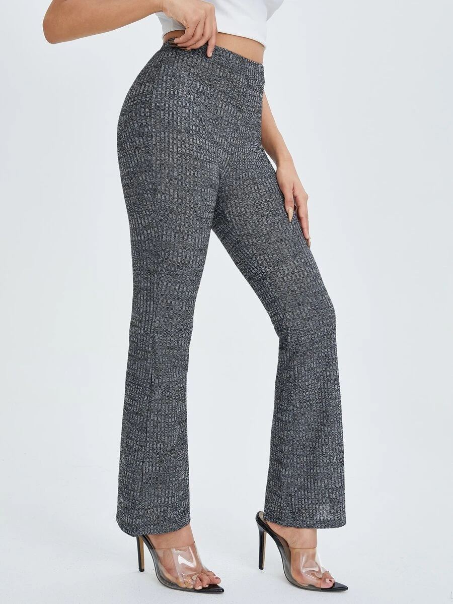 SHEIN PETITE 羅紋針織喇叭褲 - 深灰色 - 查看 1