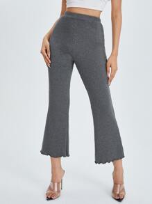 SHEIN PETITE Lettuce Trim Rib-knit Flare Leg Trousers - Dark Grey - View 6