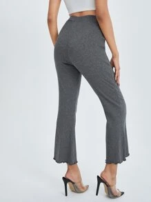 SHEIN PETITE Lettuce Trim Rib-knit Flare Leg Trousers - Dark Grey - View 2