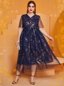Modelyn Plus Gold Floral Print Mesh Dress - Navy Blue - View 3