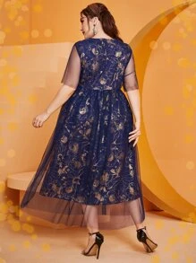 Modelyn Plus Gold Floral Print Mesh Dress - Navy Blue - View 2