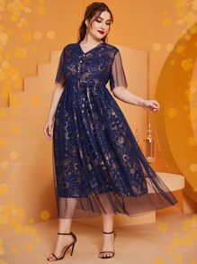 Modelyn Plus Gold Floral Print Mesh Dress - Navy Blue - View 1