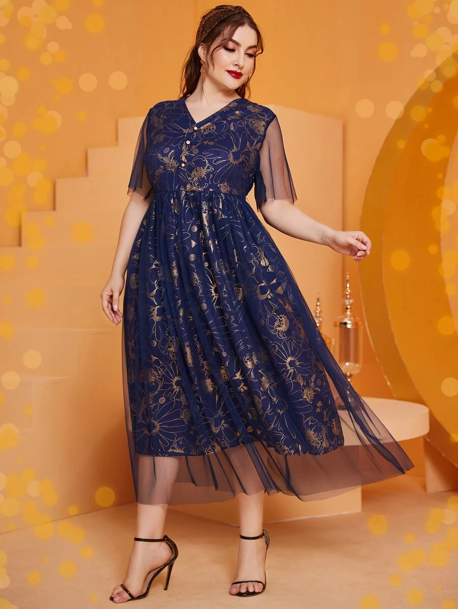 Modelyn Plus Gold Floral Print Mesh Dress - Navy Blue - View 1