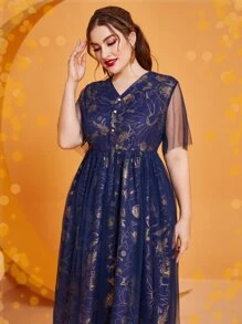 Modelyn Plus Gold Floral Print Mesh Dress - Navy Blue - View 5