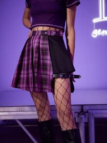 ROMWE Grunge Punk Colorblock Tartan Buckle Pleated Skirt - Pink - View 1