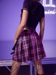 ROMWE Grunge Punk Colorblock Tartan Buckle Pleated Skirt - Pink - View 2
