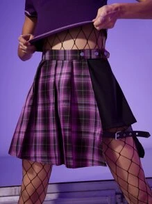 ROMWE Grunge Punk Colorblock Tartan Buckle Pleated Skirt - Pink - View 3