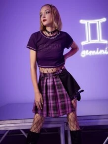 ROMWE Grunge Punk Colorblock Tartan Buckle Pleated Skirt - Pink - View 6