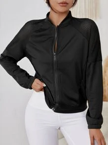 透氣柔軟漁網拼接插肩袖運動夾克