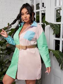 SHEIN SXY Plus Colorblock Patched Pocket Shirt Dress Without Belt - Multicolor - View 4