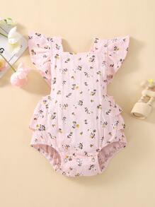 嬰兒印花荷葉邊連身背心 - 淺粉色 - 查看 1