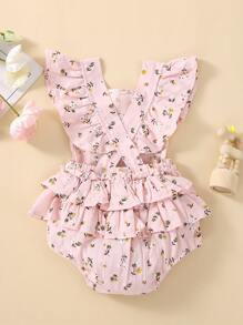 嬰兒印花荷葉邊連身背心 - 淺粉色 - 查看 2