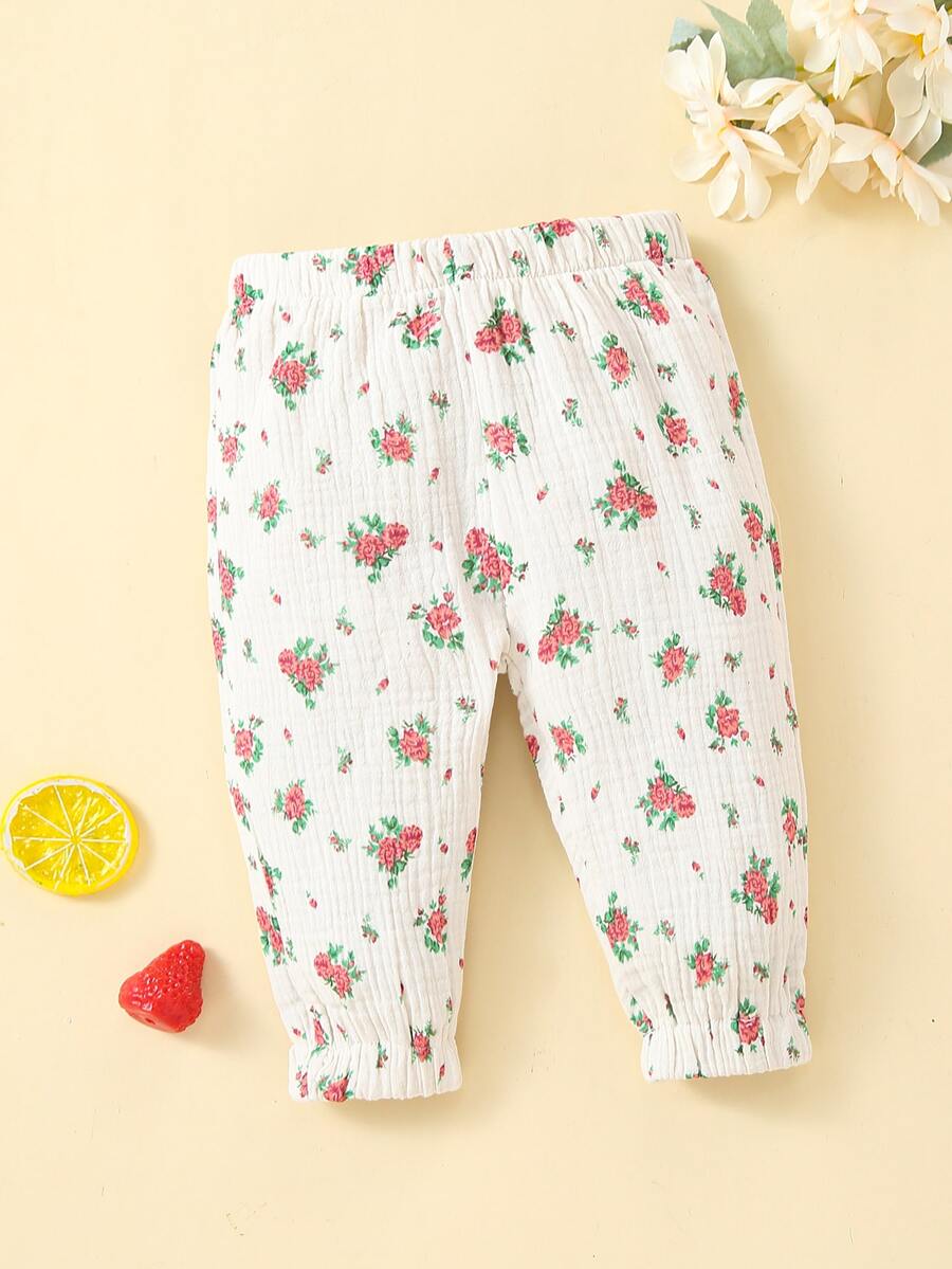 嬰兒印花彈性腰帶長褲 - 米色 - 查看 1