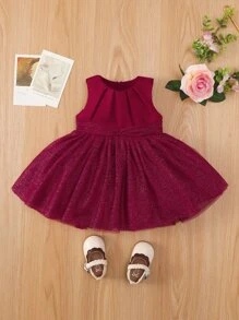 嬰兒褶皺細節網紗邊連衣裙 - 酒紅色 - 查看 1