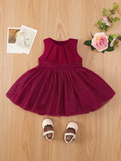 嬰兒褶皺細節網紗邊連衣裙