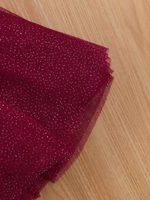 嬰兒褶皺細節網紗邊連衣裙 - 酒紅色 - 查看 5